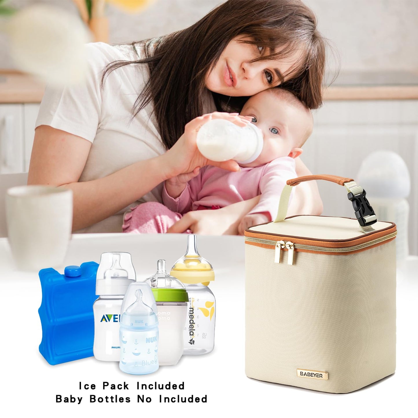 BABEYER Breastmilk Cooler Bag with Ice Pack Fits 4 Baby Bottles Up to 9 Ounce, Baby Bottle Bag Great for Nursing Mom Daycare