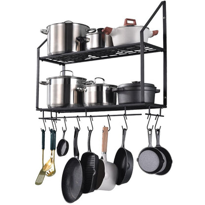 Hoooh 30-Inch Wall Mount Pot Racks - 2-Tier Pot Rack Pan Hanger for Kitchen Storage and Organization - Matte Black Cookware Hanging Shelves with 10 Hooks