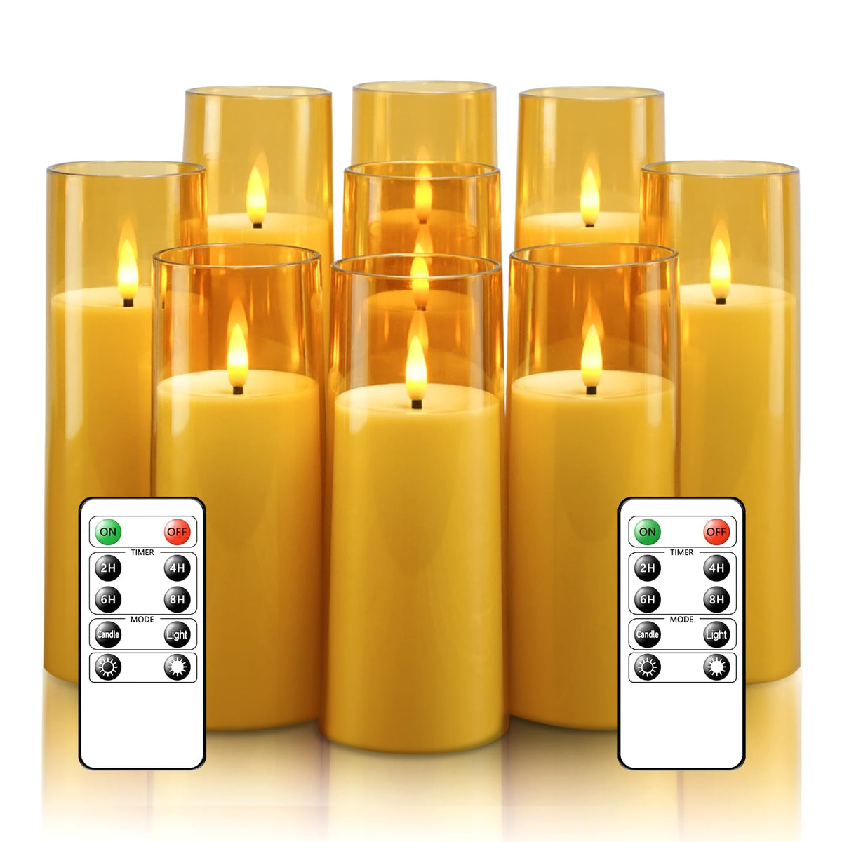 kakoya Flickering Flameless Candles Battery Operated with Remote and 2/4/6/8 H Timer Acrylic Led Pillar Candles Pack of 9 (appr D2.3"xH5.5"6.5"7.5")with Realistic 3D Wick Candles for Home Decor(Gold)