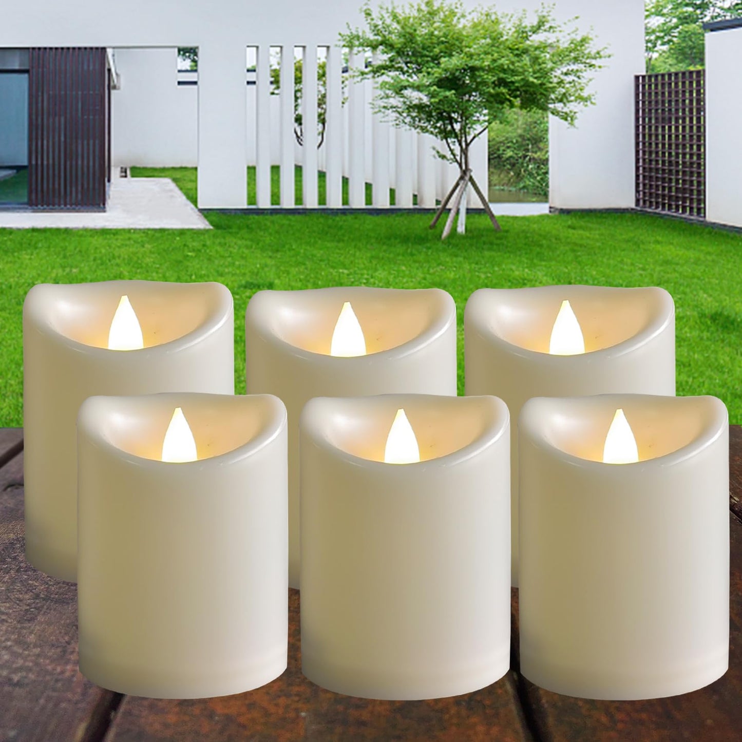 6 Pack Outdoor Battery Operated Candles with Timer (3x4 Inch) Waterproof Flameless Flickering Pillar Candles Plastic LED Fake Candle for Halloween Christmas Decoration Outside Lantern Festival Decor