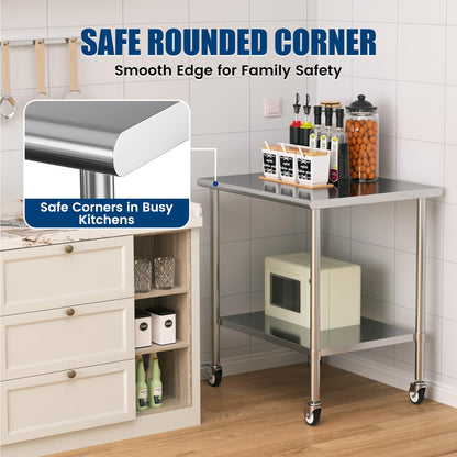 Chingoo Stainless Steel Work Table with Wheels, 30x36 Inch NSF Kitchen Prep Table with Adjustable Undershelf for Commercial Restaurant, Garage, Outdoor BBQ