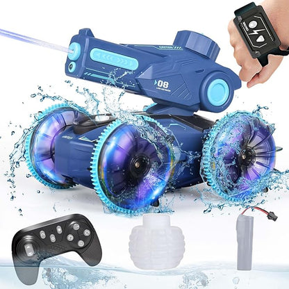 3-in-1 Remote Control Car RC Boat &amp Water Gun - Amphibious RC Car for Land &amp Water Adjustable Speed Waterproof Perfect Valentines Birthday Gifts for Kids-Blue