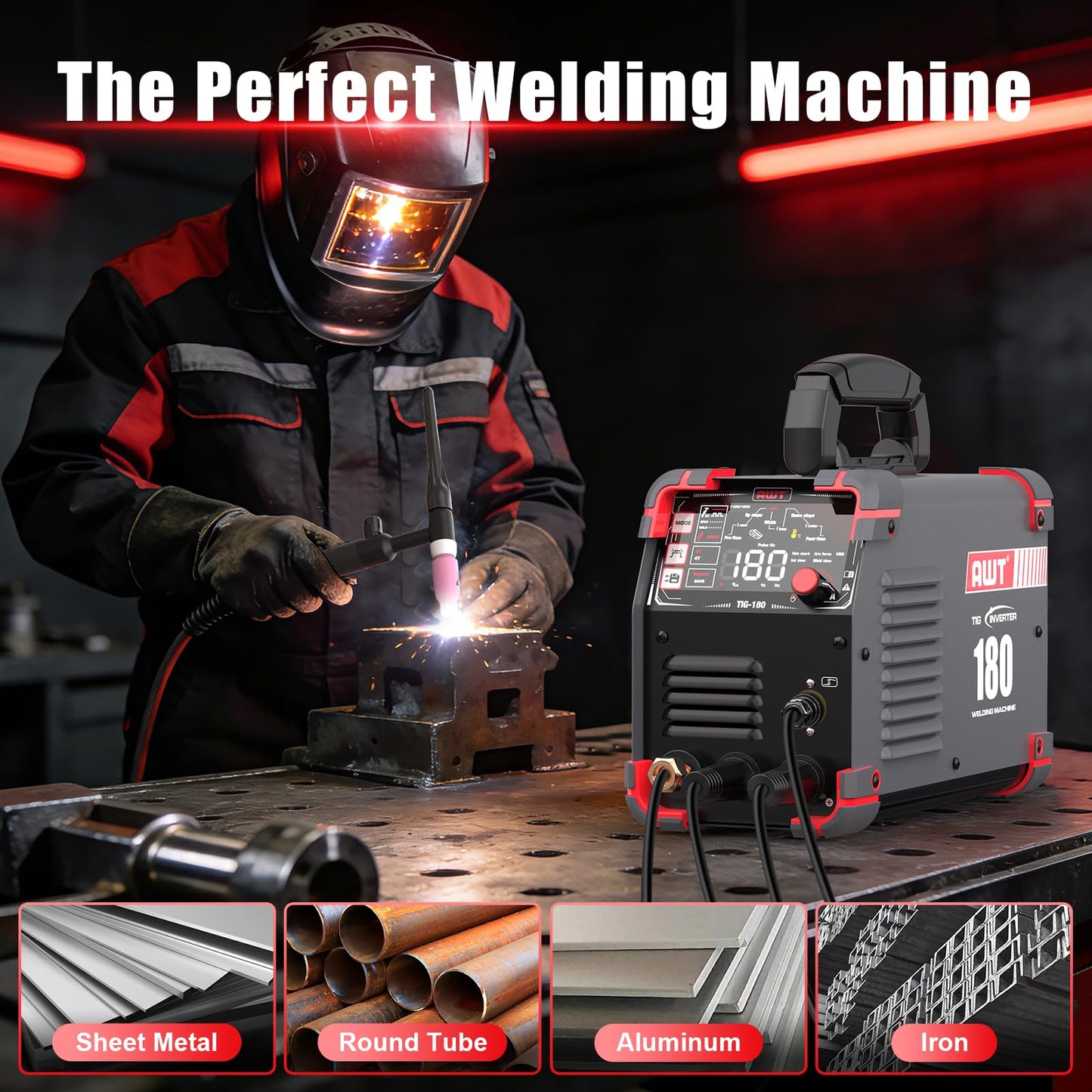 AWT TIG Welder 180Amp with DC Pulse,Cold TIG Welder with Large LED Display 5-in-1 DC HF TIG/PULSE TIG/COLD/SPOT TIG/STICK,110V/220V Dual Voltage Cold TIG Welding Machine