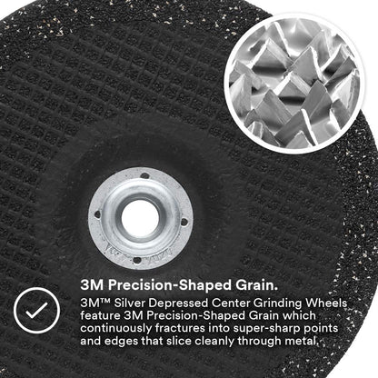 3M Silver Depressed Center Grinding Wheel, 87448, T27 Quick Change, 7 in x 1/4 in x 5/8 in-11, Pack of 10, Deburring Edges, Heavy Stock Removal, Stainless Steel, Mild Steel, Right Angle Grinding