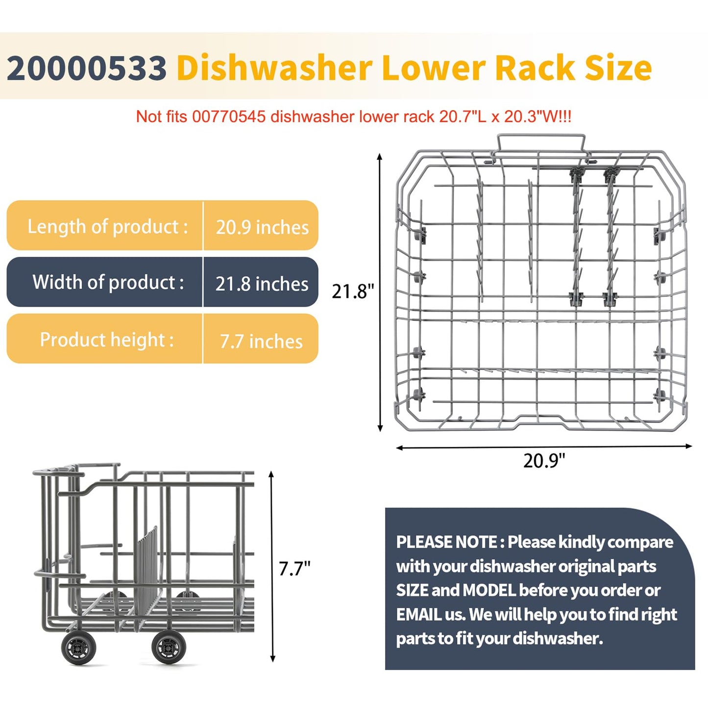 20007189 20000533 Dishwasher Lower Rack Replacement for Bosch Dishwasher Parts Lower Dishrack Rollers Thermador 300 500 800 Series Dishwasher Bottom Rack Tray Drawer Wheels SHP865ZD5N -20.9" x 21.8"