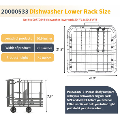 20007189 20000533 Dishwasher Lower Rack Replacement for Bosch Dishwasher Parts Lower Dishrack Rollers Thermador 300 500 800 Series Dishwasher Bottom Rack Tray Drawer Wheels SHP865ZD5N -20.9" x 21.8"