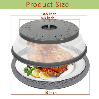 10.5" Microwave Splatter Cover for Food with 10" Mat, Collapsible & Vented Silicone Splatter Guard Lid with Handle Kitchen Gadget, Grey