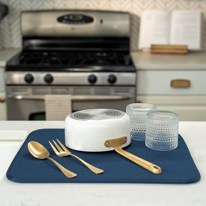 S&T INC. Dish Drying Mat, 16” x 18”, Absorbent Microfiber Kitchen Counter Mat, Dish Drying Pad for Dishes, Utensils, Pots and Pans, Large, Navy