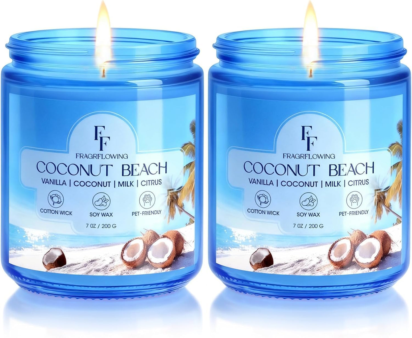 Coconut Beach Scented Candle, Natural Soy Wax Jar Candle for Home Scented, 100-Hour Burn Time Gifts for Women Men, 7 oz (2 Pack)