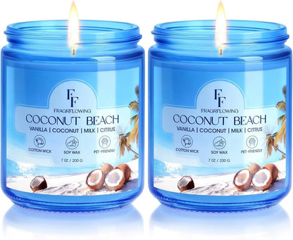 Coconut Beach Scented Candle, Natural Soy Wax Jar Candle for Home Scented, 100-Hour Burn Time Gifts for Women Men, 7 oz (2 Pack)