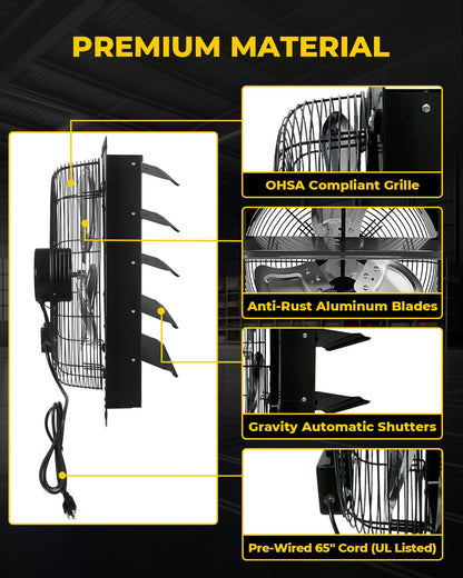 VENTISOL 20 Inch Shutter Exhaust Fan Wall Mounted, 3500CFM Exhaust Fan with Pre-Installed 1.65m Power Cord, Ventilation fan for Greenhouse, Garages, Attic, Shops, Chicken Coop, Black