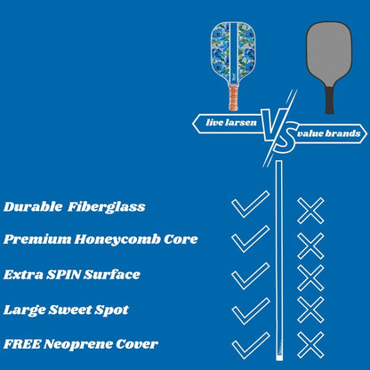 Live Larsen Premium Blue Pickleball Paddle Racket - Honeycomb Core - Large Sweet Spot -Awesome Pop & Spin - Sweatproof Grip - Free Cover - Women - Kids - Great (Bloom Boom)