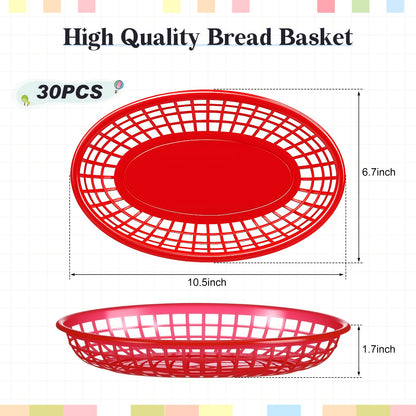 Patelai 30 Pcs Fast Food Baskets with 100 Sheets Red Checkered Deli Liners, 10.5" x 6.7" Red Burger Baskets 100 Pcs Clear Bags with Tie, Restaurant Serving Basket Sets for Burgers Fries Hot Dogs Bread