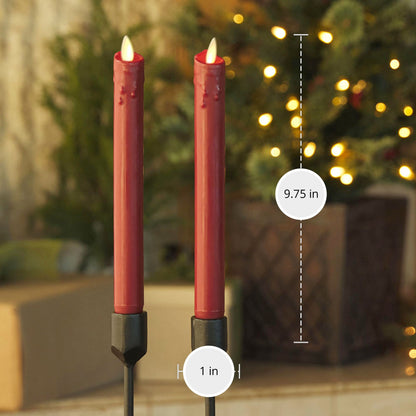 Luminara Burgundy Set of 2 Wax Drip Flameless Candle Tapers (1 x 9.5 inch), Moving Flame LED Candle Unscented Real Wax with Dripped Top Timer Function, Table, Mantel, Holiday Decoration