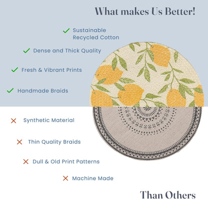 The Fine Living Co. Lemon Printed Braided Cotton Placemats (Set of 6, 13.5 Inches), Washable Anti-Slip Heat Resistant Mats, Boho Woven Round Table Mats for Table Decor, Kitchen and Dining