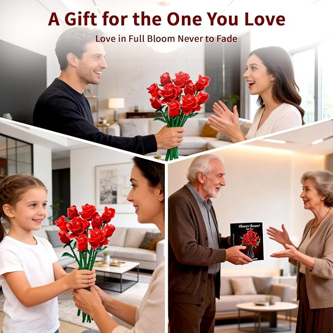 Red Rose Flower Bouquet Building Set Botanical Collection Kit Artificial Fake Flowers Blocks Home Table Decor Aesthetic for Valentine's Day Birthday DIY Craft Floral Gift Without Vase