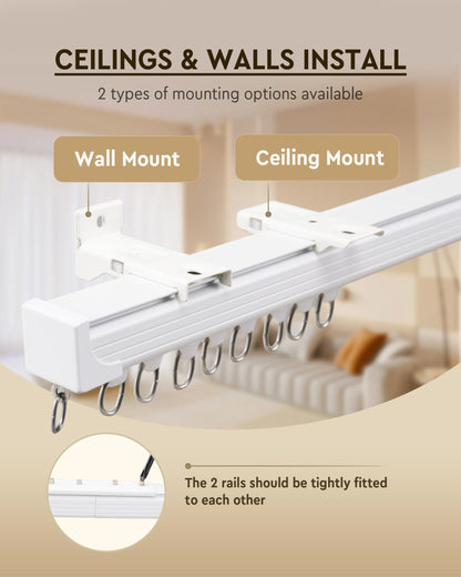 Ezcasch Ceiling Curtain Track Set, Ceiling or Wall Mount 6ft - 9ft, Aluminum Heavy-Duty Curtain Rails, Room Divider Curtain Track for Bedroom, With Silent Slide, Clips and Hooks，White