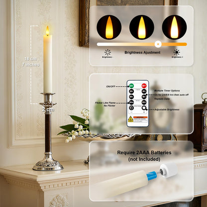 Meigic 7 Inches Flameless Taper Candles with Remote Timer, Real Wax Ivory Short Led Candlesticks, 3D Wick Light Battery Operated Candlesticks for Christmas Home Wedding Table Decor, 6 Pcs