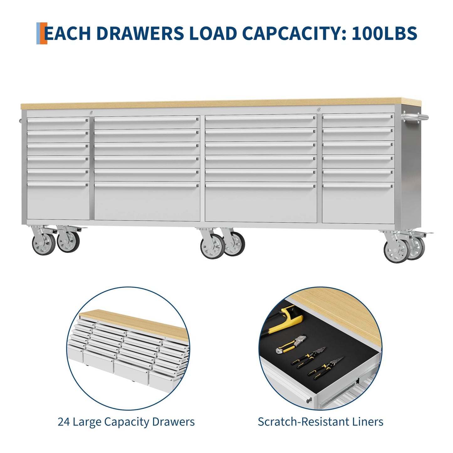 Heavy Duty 61" Tool Chest Cabinet, Mobile Garage Workbench with 24Drawers and Power Strip, Rubber Wood Worktop, 1675 LBS Load, Rolling Tool Storage Organizer for Mechanic, Shop or Home Use