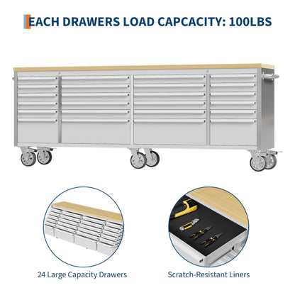 Heavy Duty 61" Tool Chest Cabinet, Mobile Garage Workbench with 24Drawers and Power Strip, Rubber Wood Worktop, 1675 LBS Load, Rolling Tool Storage Organizer for Mechanic, Shop or Home Use