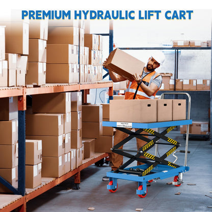 Hydraulic Lift Table Cart, Double Scissor Lift, 330 Lbs Capacity, 50" Height with Non-Slip Pad, 4 Safety Bumper PU Wheels, Ideal for Home, Garage, Supermarket, Factory, Warehouse, Construction