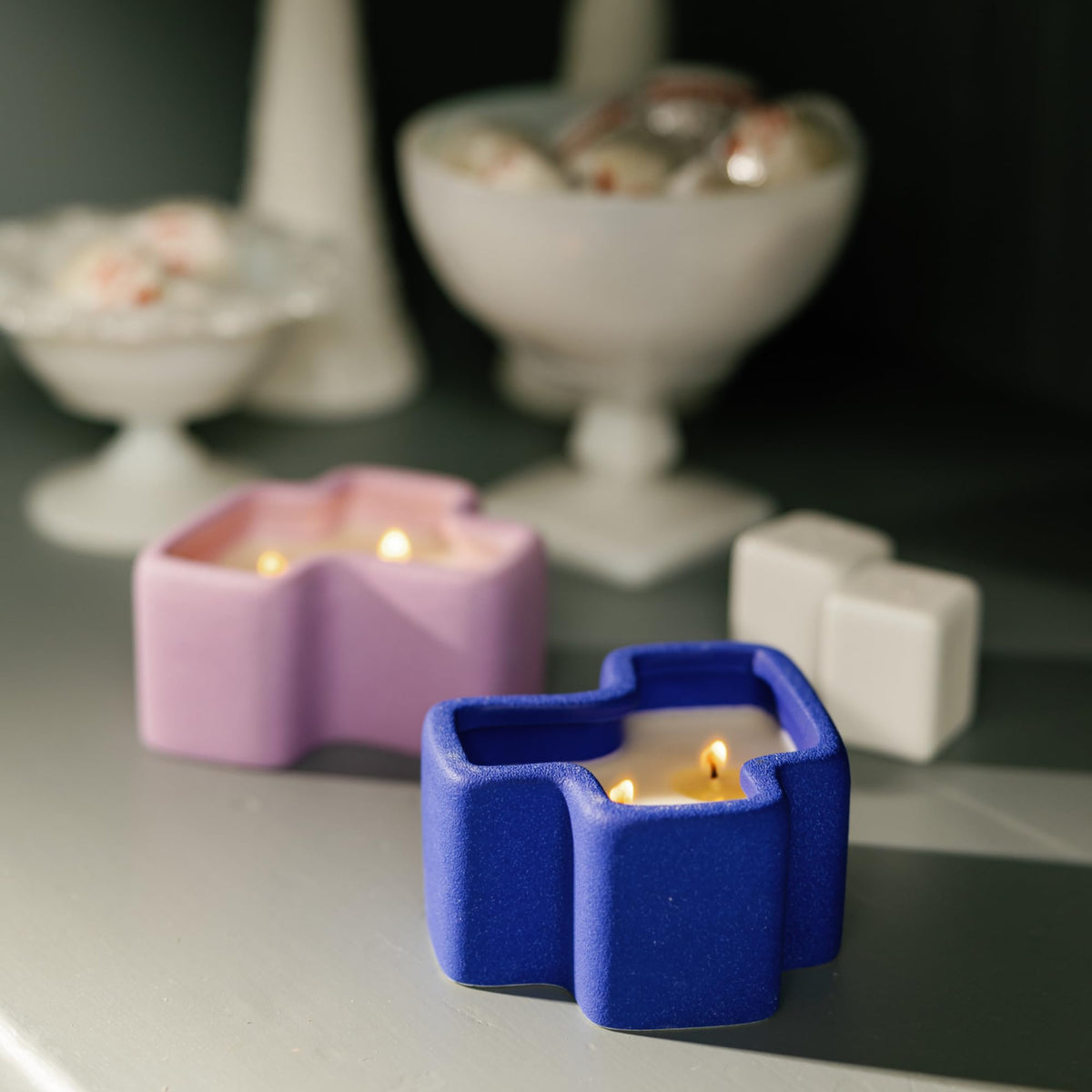 Paddywax Jigsaw Ceramic Candle Set of 2, Soy Wax Candle, Cobalt & Lavender, Wisteria & Ember Resin, 8 oz