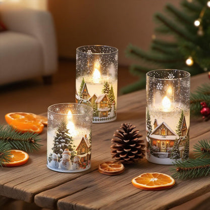 DRomance Snowman House Glass Flameless Candles Battery Operated with Remote and Timer Real Wax LED Flickering Pillar Candles Cold White Light Window Christmas Holiday Decor 3" D x 4", 5", 6" H