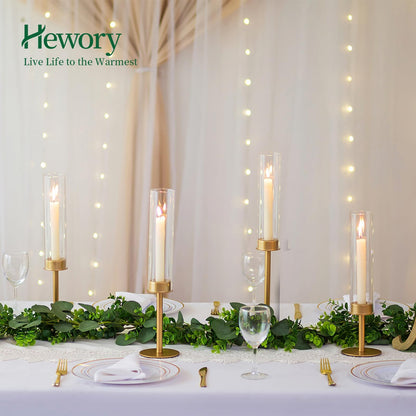 Hewory Gold Candle Holders, 12Pcs Brass Hurricane Candlestick Holders with Glass Candle Cover for Wedding Table Centerpiece Christmas Decor