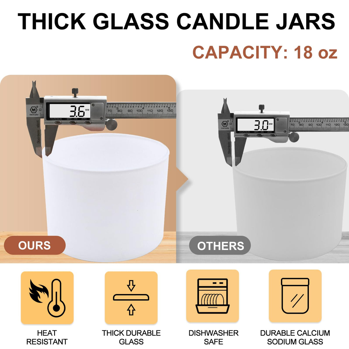 SHOWIN 18 OZ Thick Candle Jars for Making Candles 6 Pcs, Empty Jars with Wood Lids for Candle Making, Sample Container,Matte White