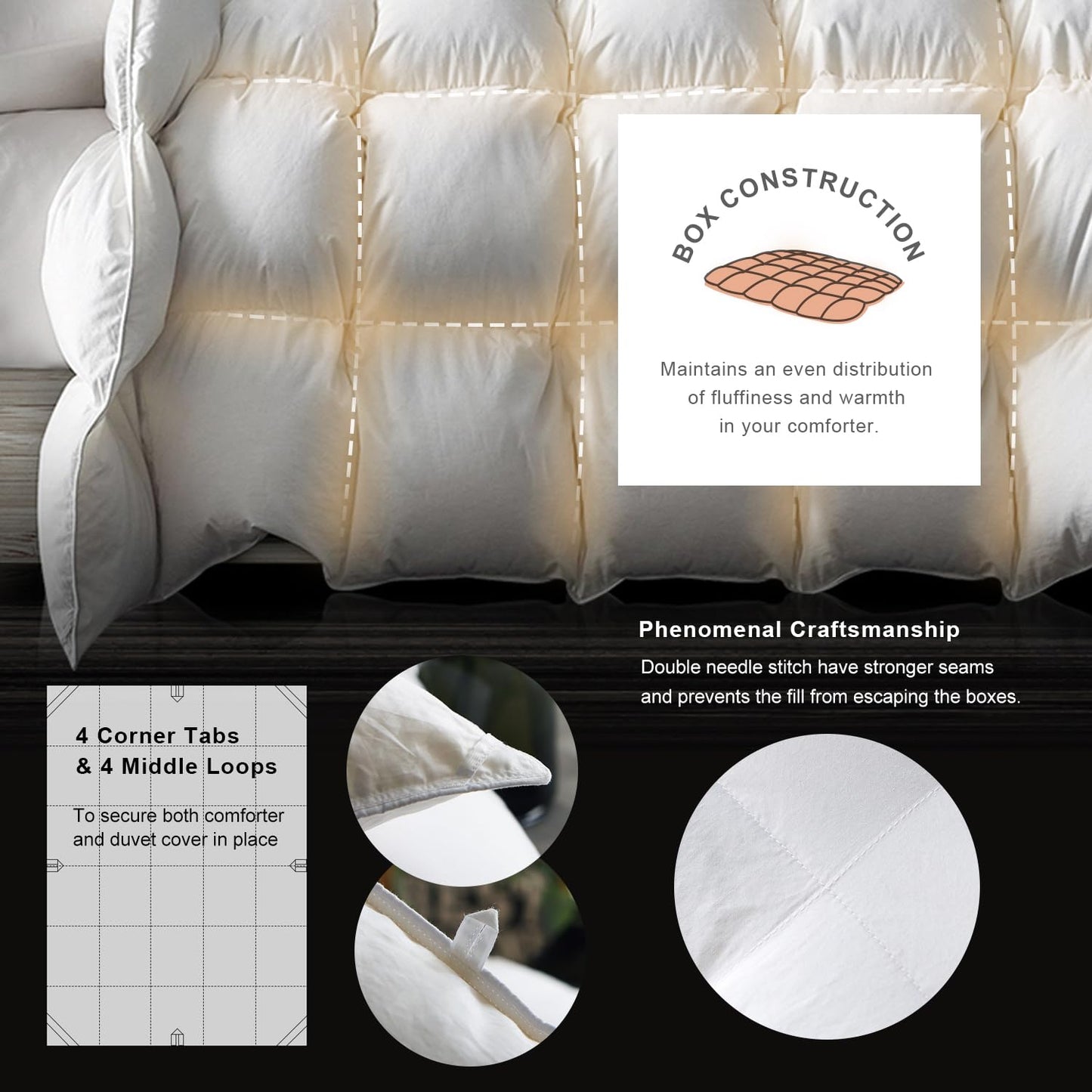 Royoliving Luxurious Down Duvet Insert Feather Queen Size All Season White 100% Organic Cotton Cover Full Szie Down with Corner Tabs (90x90, 50 oz)