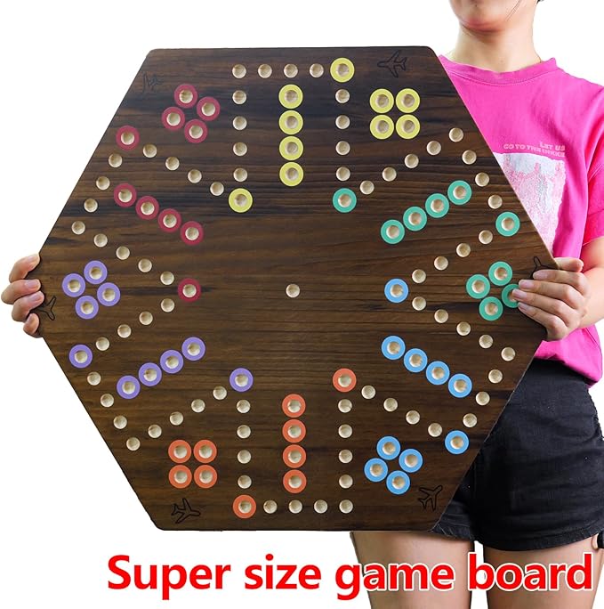 Extra Large Wahoo Board Game Wooden Original Board Game 2 Side Painted Fast Track Game for 4 Player and 6 Player with 30 Marbles6 Dices for Family Game Night (Brush Paint Burn Color)
