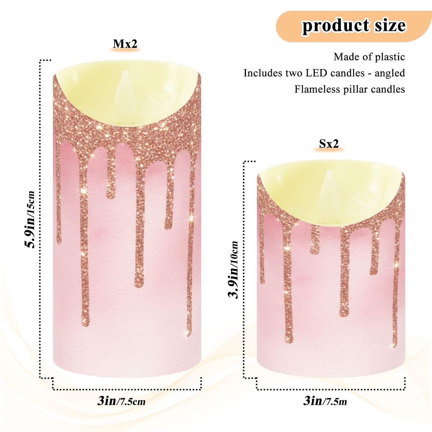 Flameless Candles Set of 2 Rose Gold Pink Glitter Drips Realistic LED Candles with Remote Battery Operated Holiday Decorations