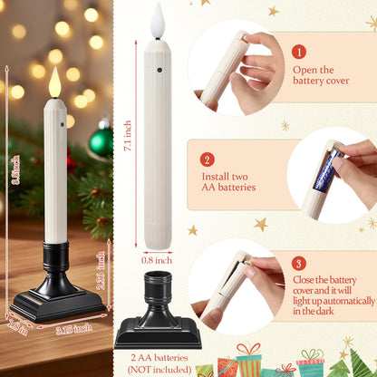 Yungyan 12 Set 8.8 Inch Christmas Window Candles with Sensor Dusk to Dawn Bulk Battery Operated Window Lights with Suction Cups and Holders Flameless LED Taper Candles for Xmas Home Decor(Roman Style)