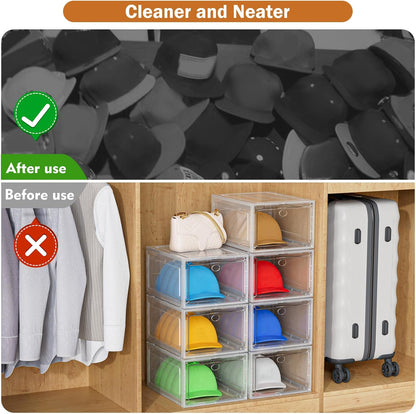 YKLSLH Hat Organizer Box - Durable Clear Storage for 40 Hats | Magnetic Door, 6-Box Set