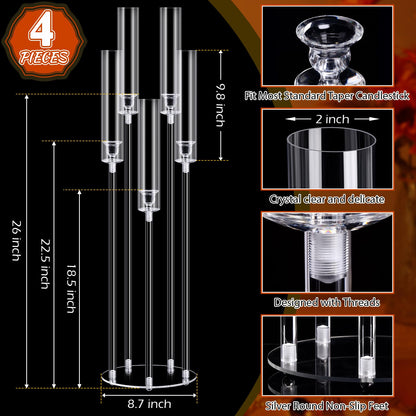 Barydat 4 Pcs Acrylic Candelabra Centerpieces Clear Taper Candle Candlestick Holder Crystal 5 Arm Candlesticks Holder with Acrylic Shade Pillar Fit 0.87" LED Candle for Wedding Dinner Party (Clear)