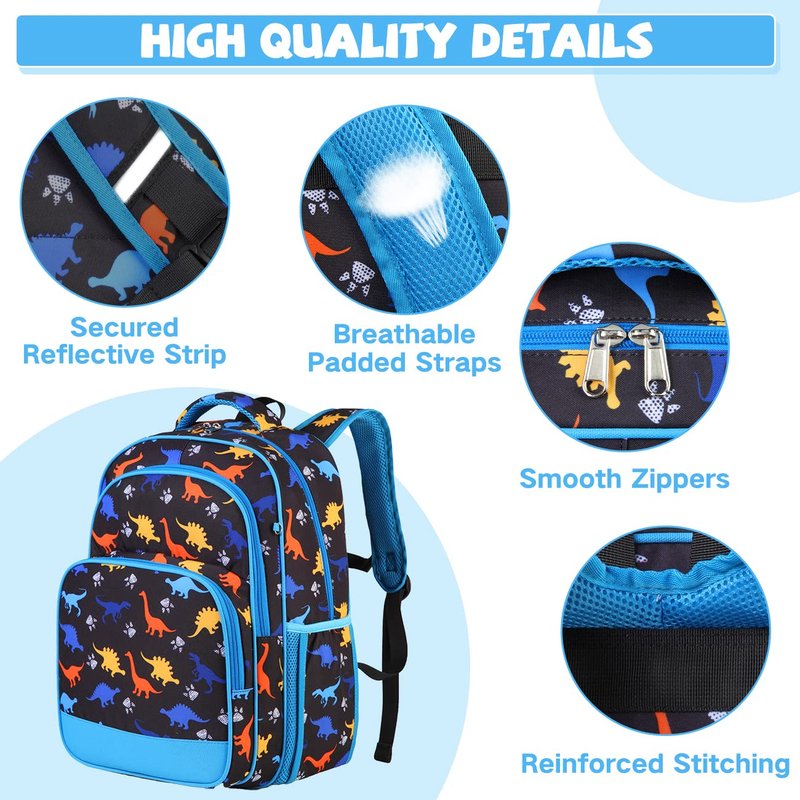 VASCHY Kids School Backpack Lunch Box Bag Pencil Case Combo, Children BookBag Schoolbag Set for Preschool/Kindergarten/Elementry School Supplies Boys Girls Black Dinosaurs