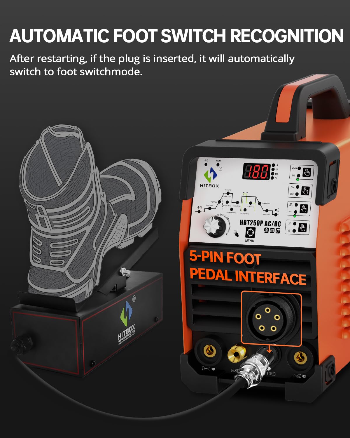 HITBOX 200A AC/DC TIG Welder 6-in-1 with Pulse & Square Wave, HF Start Aluminum TIG, MMA/Stick Welding, 220V IGBT Inverter, Dual Cooling Fan, Digital Display, Foot Pedal Compatible (HBT250P)