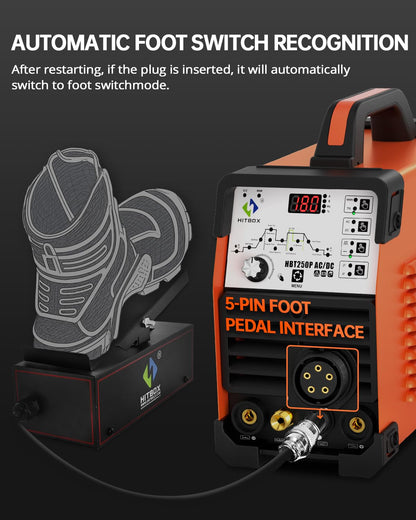 HITBOX 200A AC/DC TIG Welder 6-in-1 with Pulse & Square Wave, HF Start Aluminum TIG, MMA/Stick Welding, 220V IGBT Inverter, Dual Cooling Fan, Digital Display, Foot Pedal Compatible (HBT250P)