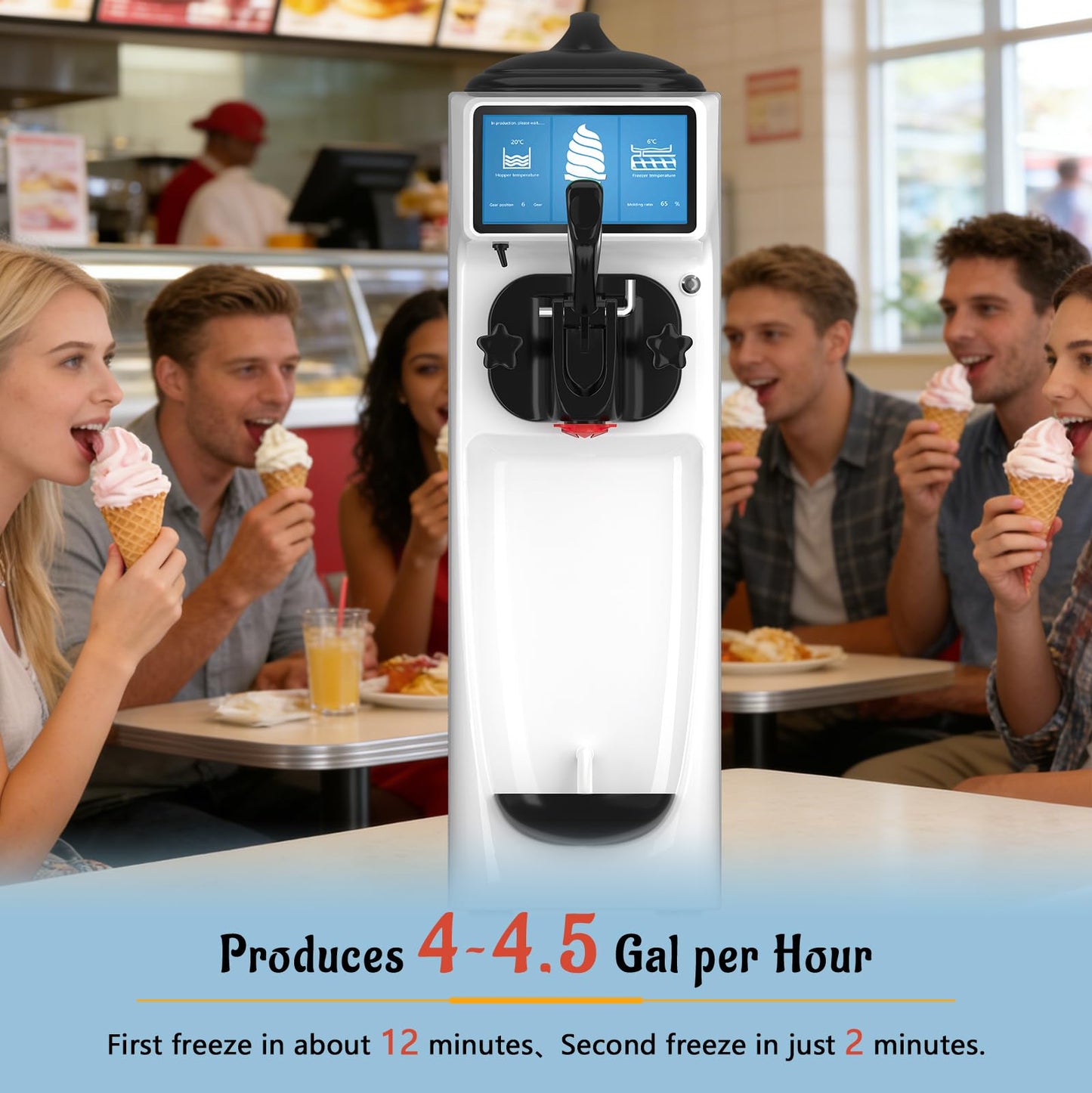 GSEICE Soft Serve Ice Cream Machine, 4 to 4.5 Gal/H Ice Cream Maker 7 Inch Screen Soft Serve Machine with Pre-Cooling & Fresh-Keeping, 6L Stainless Hopper, Enclosed Body for Home Party Café Store