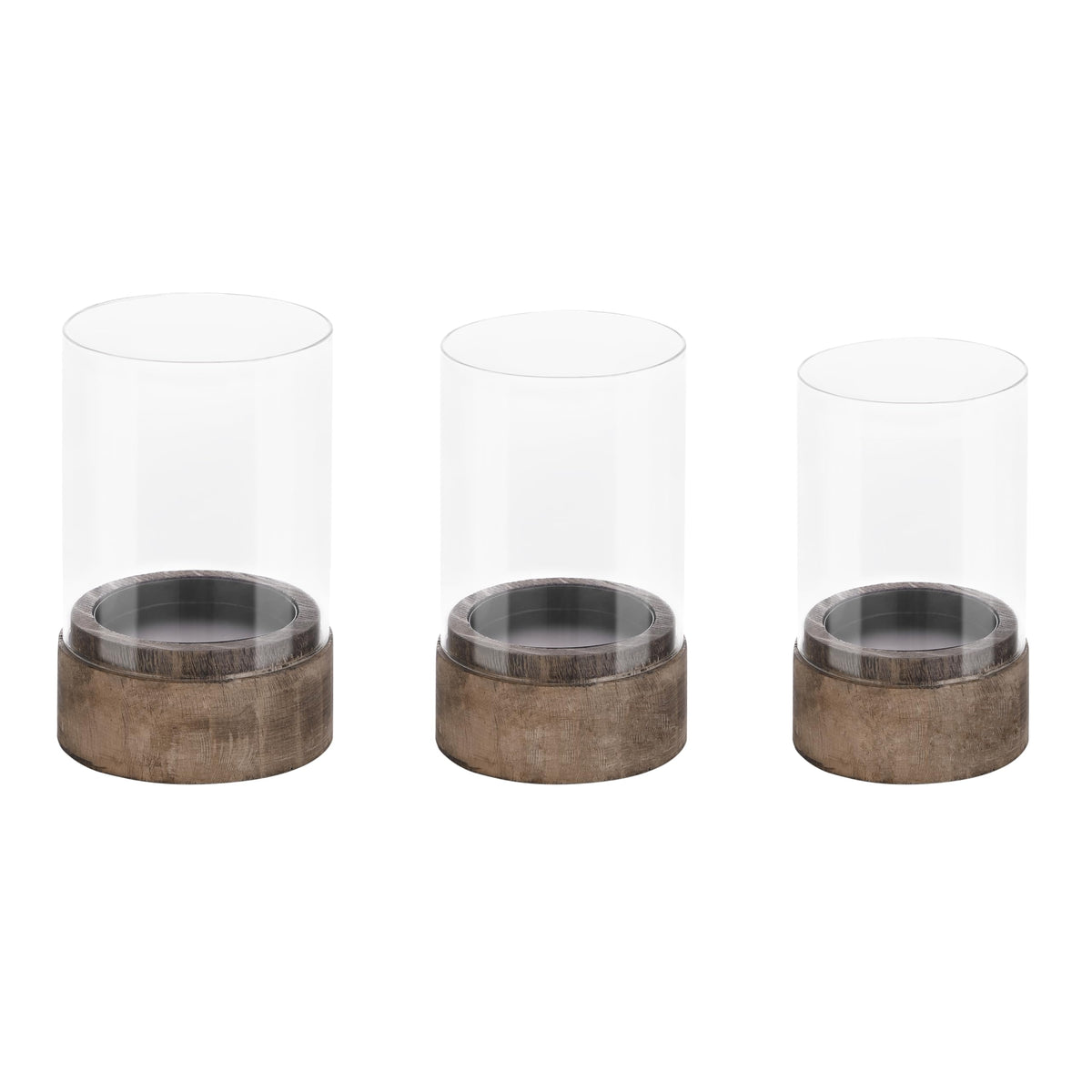 Set of 3 Glass Hurricane Candle Holders for Pillars with Vintage Natural Solid Wooden Bases, Farmhouse Candle Holder, Candle Stand, Candlestick Holders, Centerpiece for Home, Table, Wedding