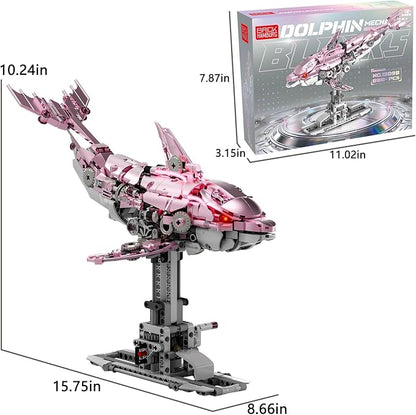 888-PCS Mechanical Pink Dolphin Building Set with LED Light Movable Linkage Gears Display Stand - Ocean Building Block Toy for Adults Teens Kids Age 12+
