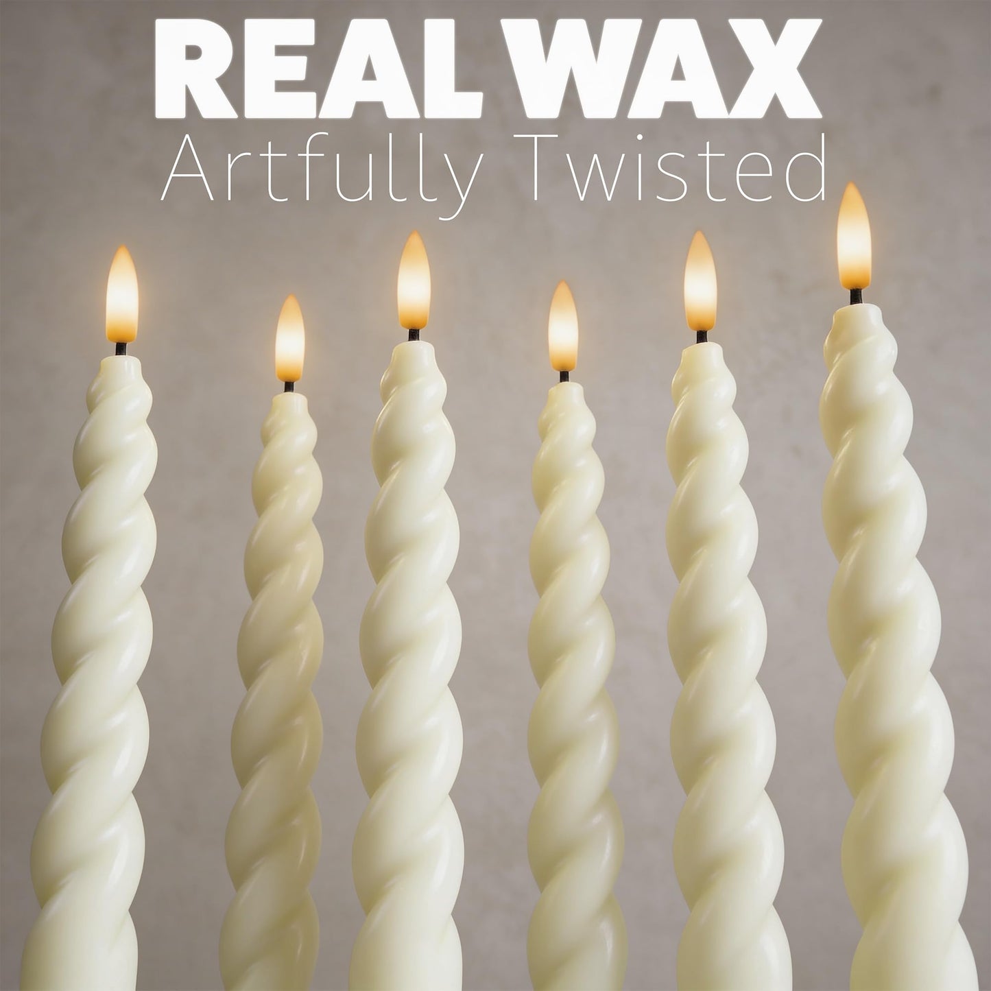 WYZworks 10" Flameless LED Taper Candles – Full Twisted Spiral – Ivory, Set of 6 – Remote, 2/4/6/8-Hr Timer (24-hr Memory), Bottom On/Off Button, Dimmable, Battery Operated, Flicker/Steady