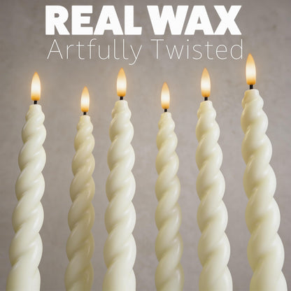 WYZworks 10" Flameless LED Taper Candles – Full Twisted Spiral – Ivory, Set of 6 – Remote, 2/4/6/8-Hr Timer (24-hr Memory), Bottom On/Off Button, Dimmable, Battery Operated, Flicker/Steady