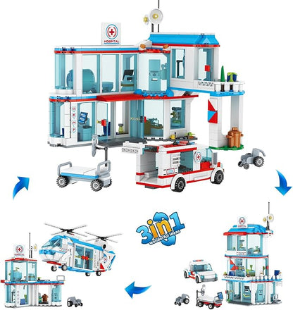 City Hospital STEM 3 in1 Building Sets Compatible with Lego Ambulance Tor Truck Rescue Helicopter Connect to Other City Sets 687 PCS Best Gift for 6 7 8 9 10 Boys
