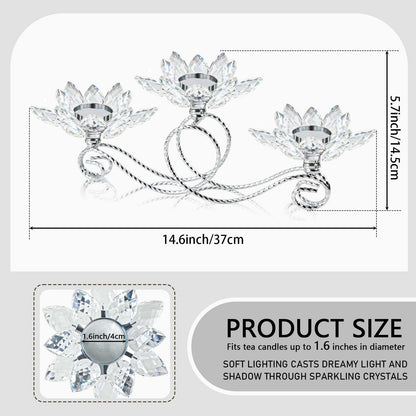 2Pcs Siver Kehail Crystal Metal Tea Light Candle Holder Set, 3-Arm Flower Shaped Crystal Votive Candlestick Holders for Table Centerpiece, Wedding Shower, Party and Home Decor