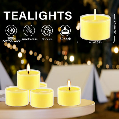 50 Pack Clear Tea Lights Candles Bulk, Summer Citronella Candle Outdoor and Indoor, for Birthday Emergency Home Garden(8 Hour, Yellow)