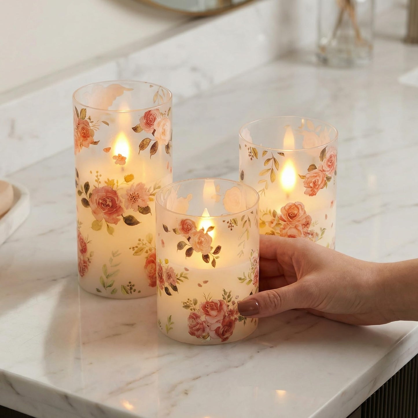Wondise Glass Flameless Candles Remote Timer Pink Rose Battery Operated Flicker Pillar Candles for Wedding Centerpiece Spring Easter Farmhouse Home Decoration, Set of 3