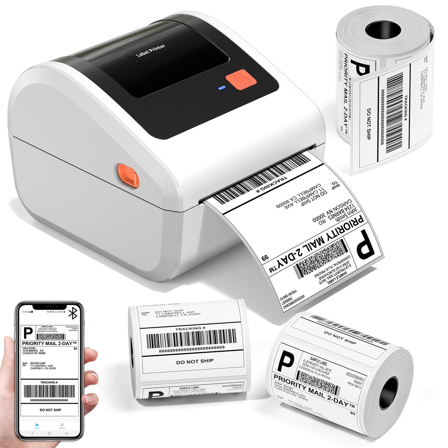 Omezizy Bluetooth Shipping Label Printer with 3 Roll Labels, D450BT White Thermal Label Printer 4x6 for Small Business, Thermal Printers Come with 750PCS 4x6‬ White Labels (250 Labels/Roll)