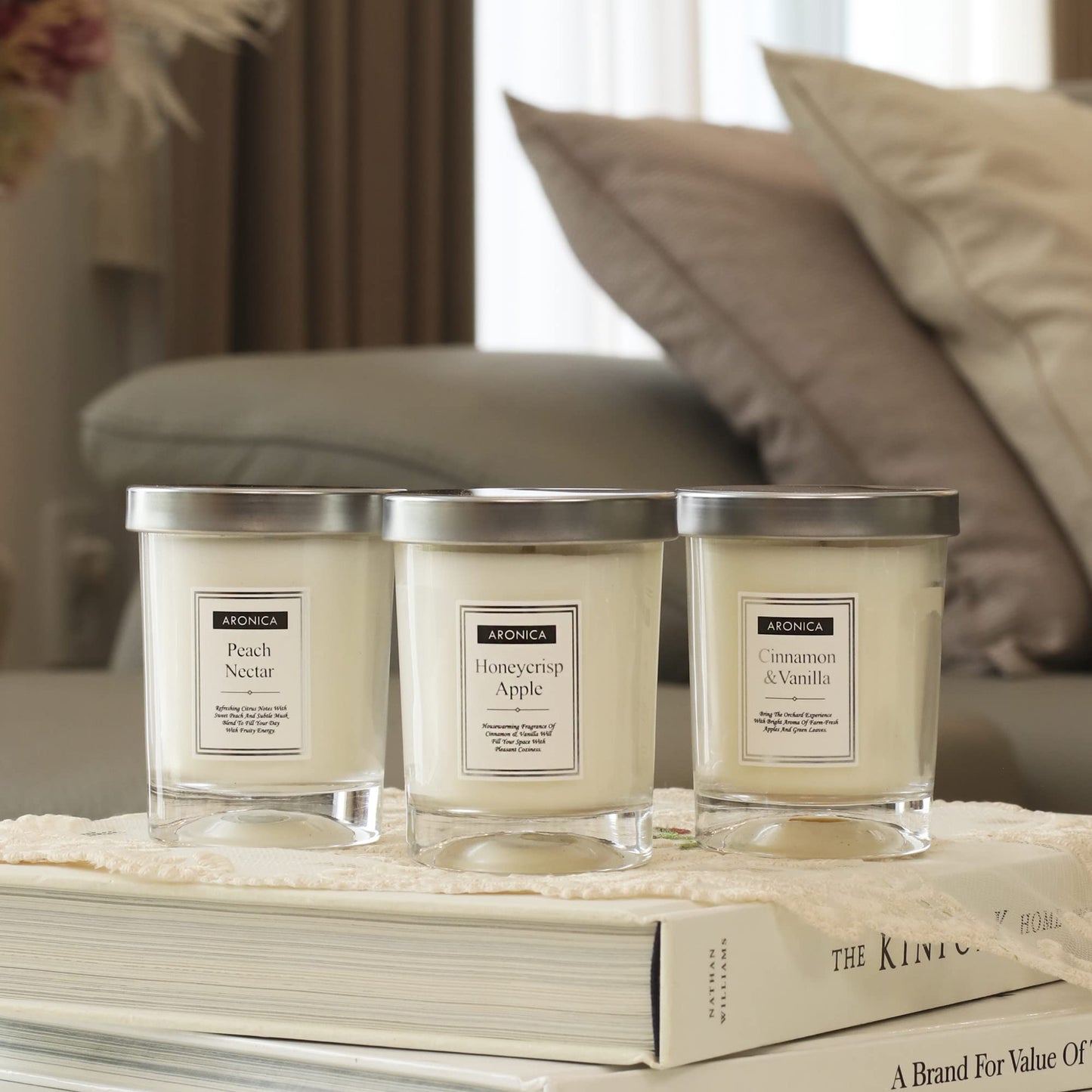 Aronica Fresh Fruity Candles Gift Set - Honeycrisp Apple, Peach Nectar, Cinnamon Vanilla, Cute Hostess Gift Holiday, Nice Christmas Presents for White Elephant