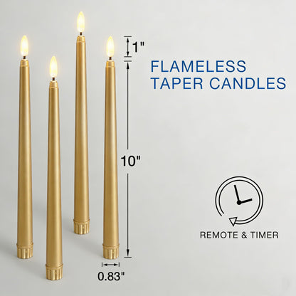 Ni-JASW Gold Flameless Taper Candles with Remote, Flickering Battery Powered LED Candlesticks Set of 4